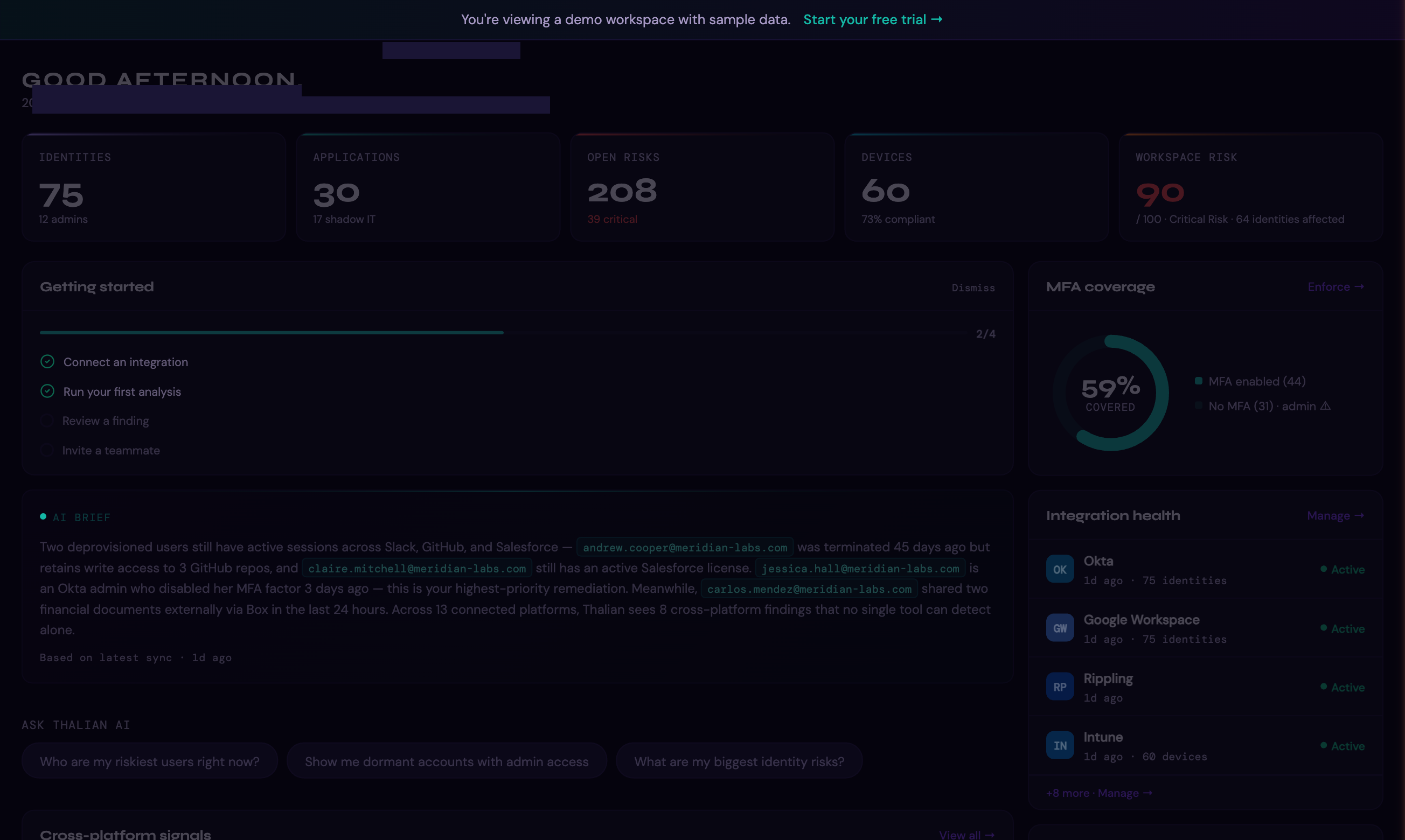 The Thalian dashboard showing stat cards, MFA coverage, cross-platform signals, and integration health