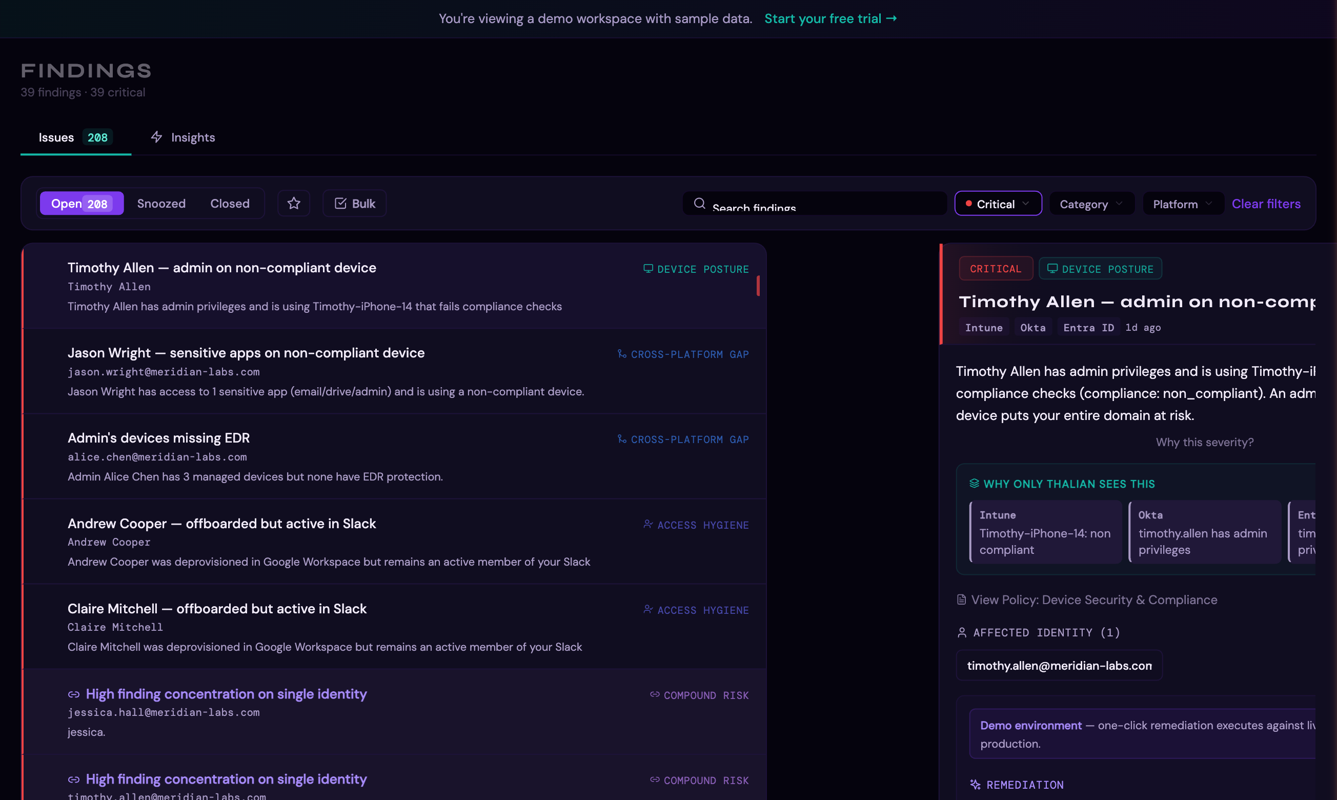 A finding detail panel showing the cross-platform perspective — what Okta sees, what Slack sees, and the combined insight only Thalian can surface