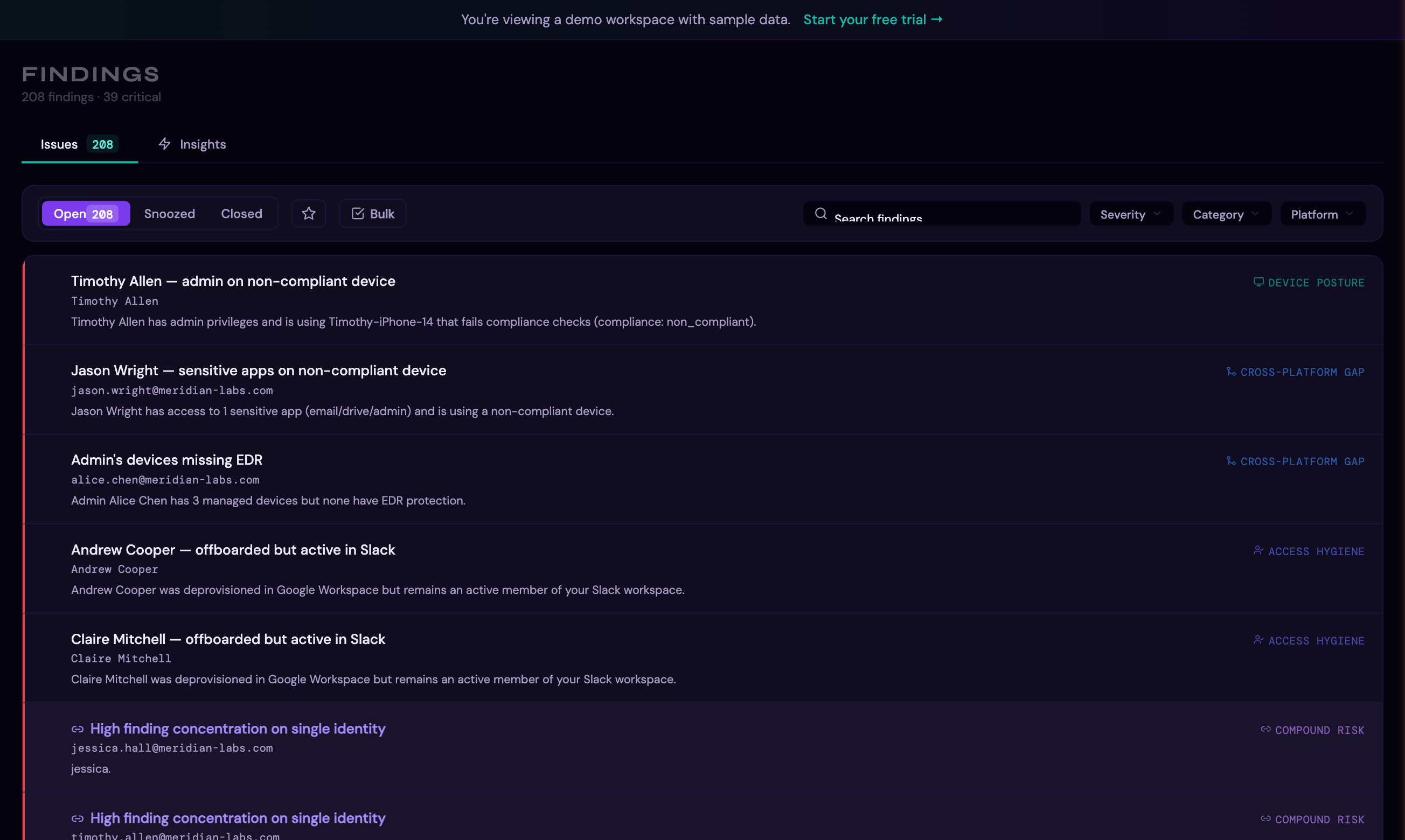 The Findings page showing open findings with severity indicators, category badges, and filter controls