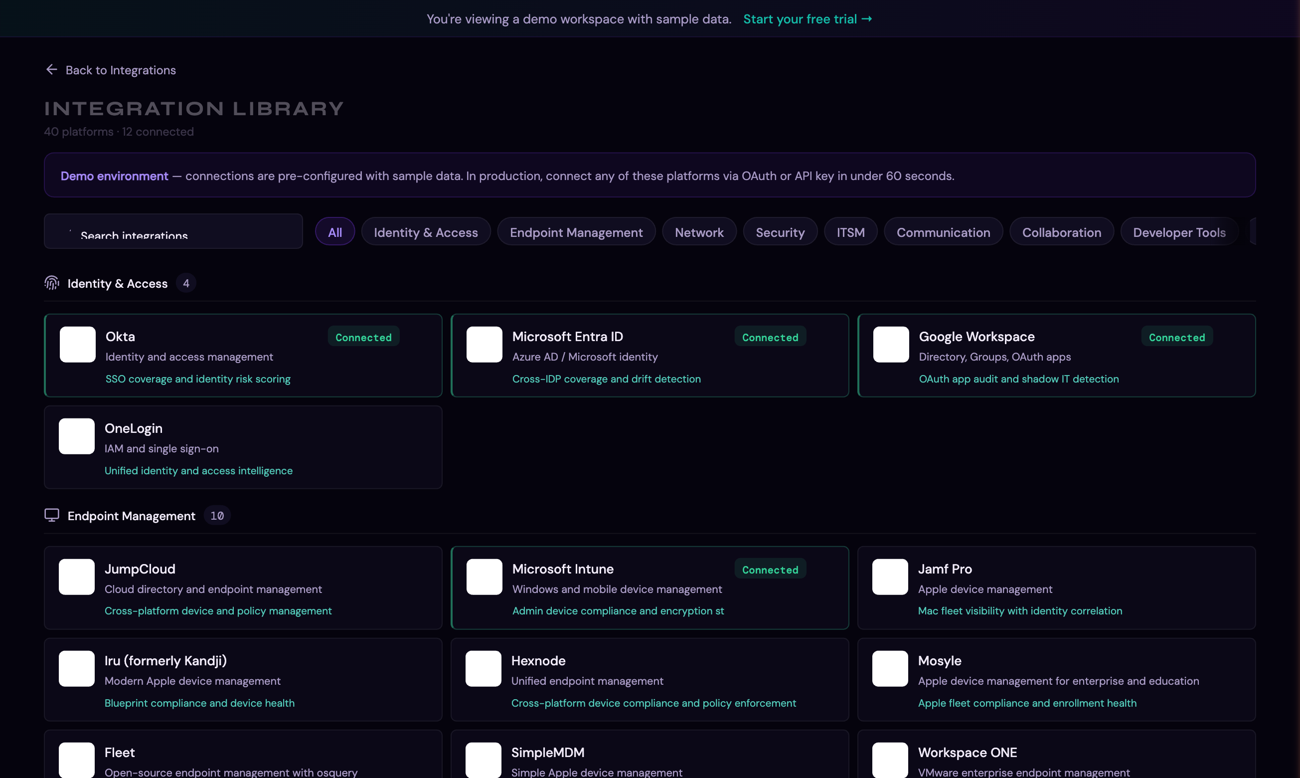 The Integration Library showing 41 supported platforms with category filters and connection status