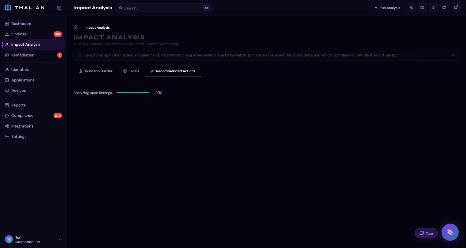The Impact Analysis page showing the scenario builder with before/after risk score comparison and recommended actions